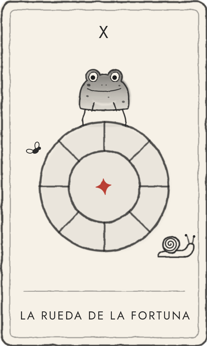 La Rueda de la Fortuna, carta de tarot dibujada por la rana