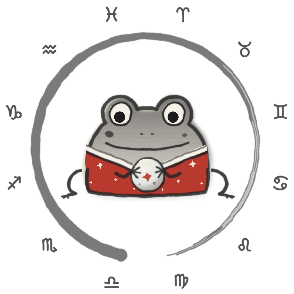 The frog oracle in her red robe, holding a crystal ball inside a brushed zodiac wheel